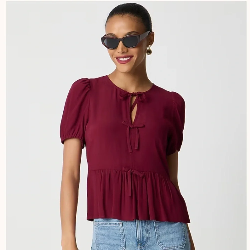 J crew vintage burgundy Tie-front puff-sleeve top